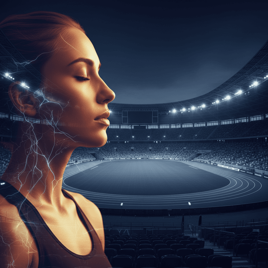 Abstract visualization of neural pathways firing with an athletic silhouette and warm purple and blue tones